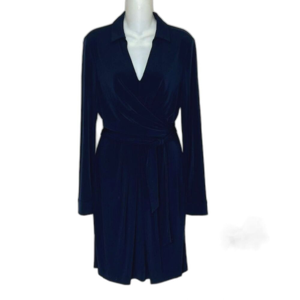 VINCE CAMUTO NAVY BLUE WRAP & TIE STYLE KNIT DRESS SIZE 10 LONG SLEEVES
